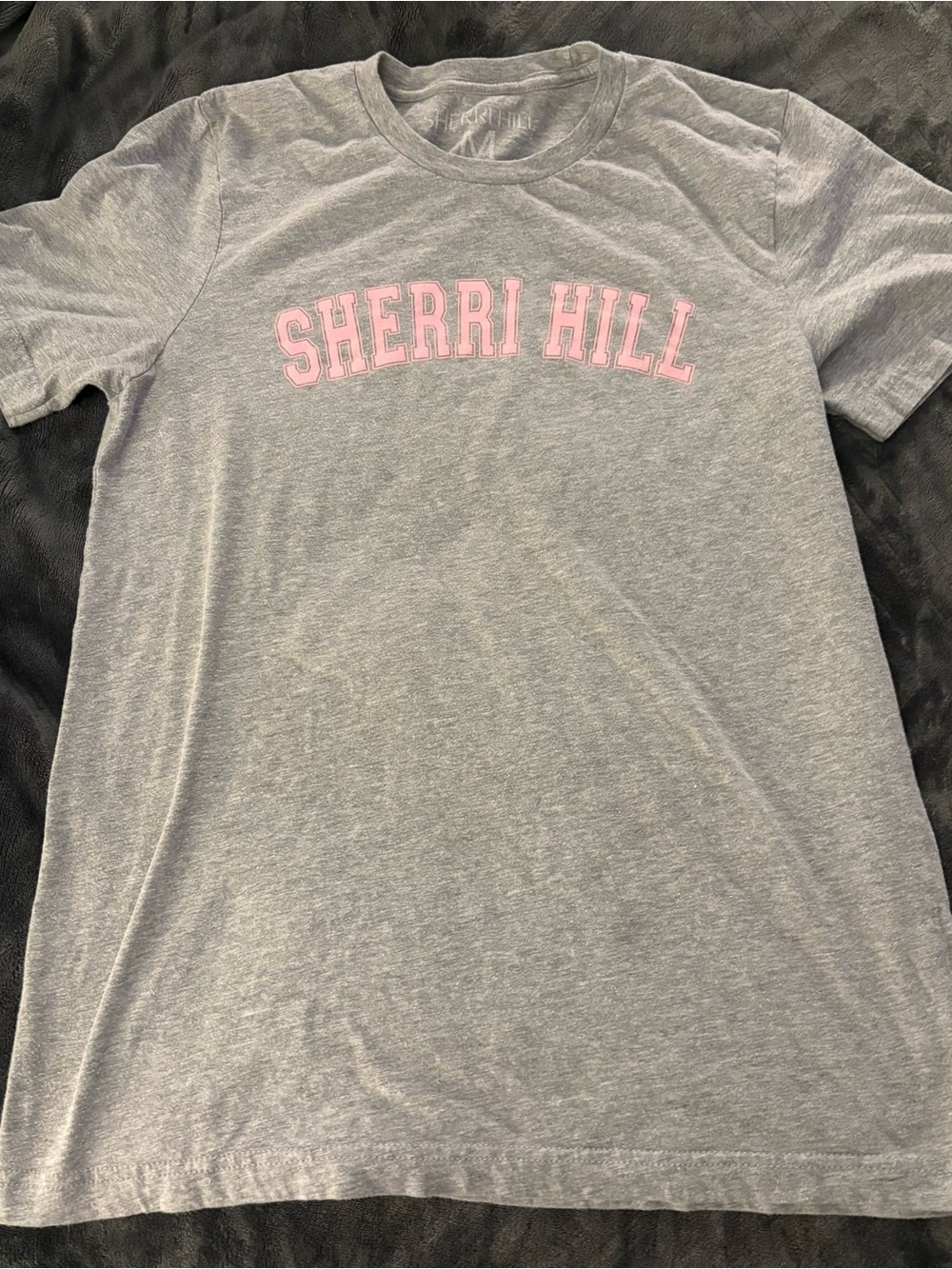 Sherri Hill Heather Gray Tee with Pink Arched Logo - women’s medium Short Sleeve